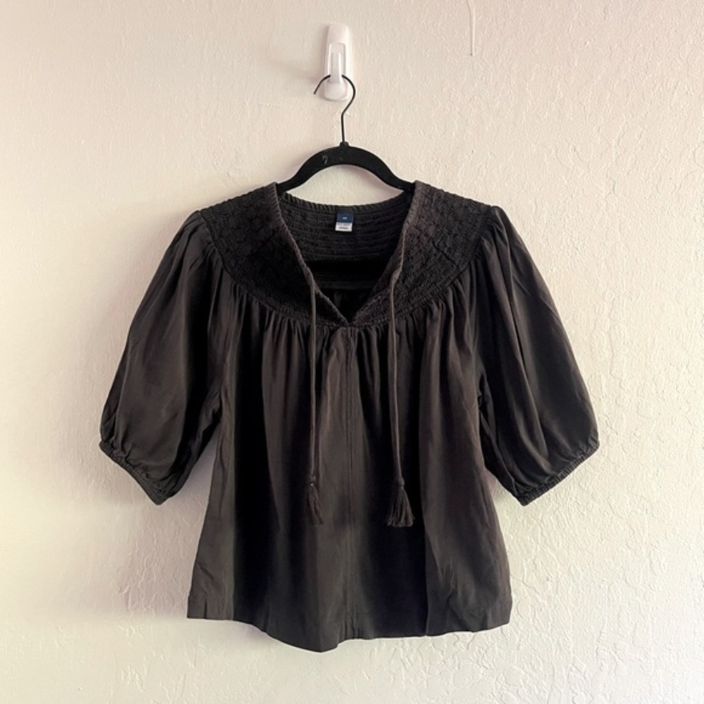 Old Navy Puff Sleeve Peasant Top Dark Gray Oversized Cottagecore Womens Size XS